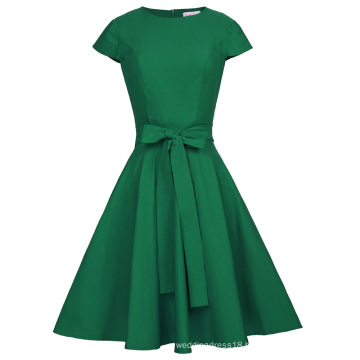 Belle Poque Retro Vintage Solid Color Cap Sleeve Crew Neck Green Casual 50s Vintage Rockabilly Dresses BP000361-4